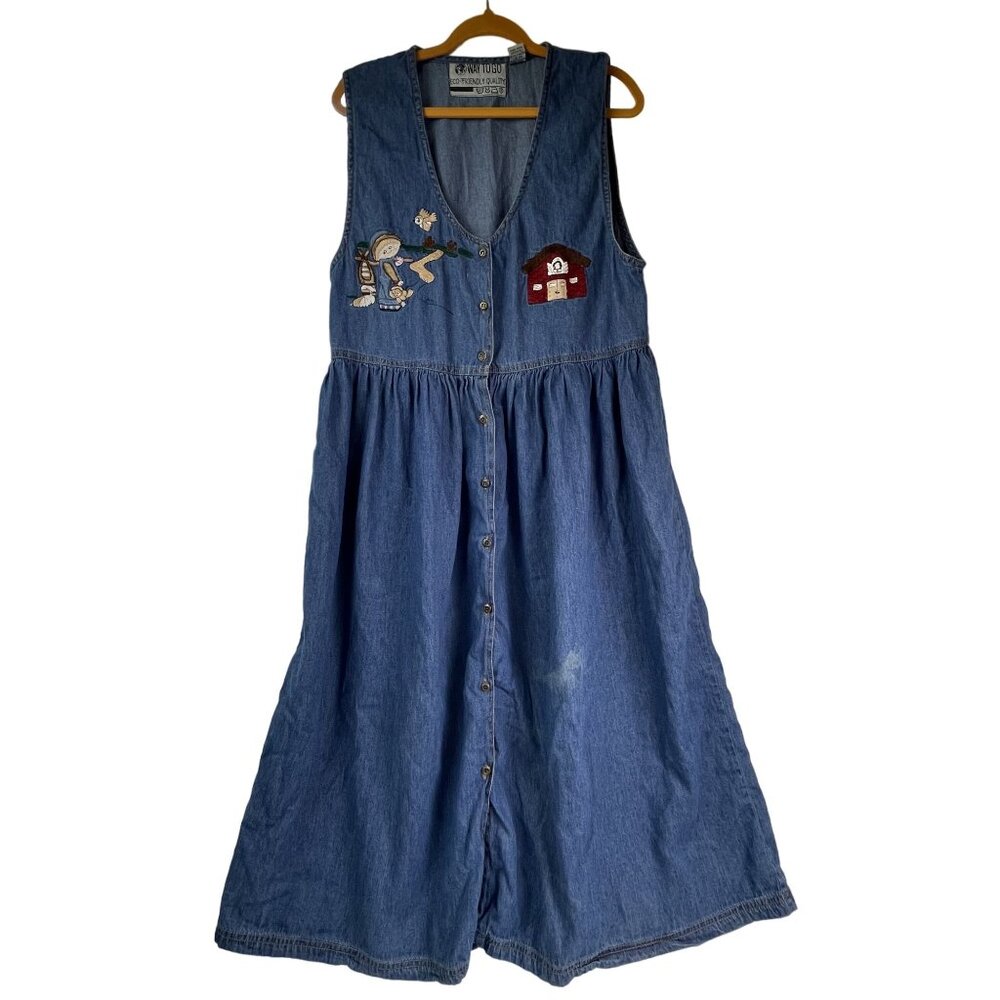 Way To Go Womens Denim Jumper Dress Embroidered Fall 90s Maxi Jean Dress Large